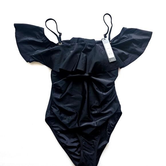 NWT BCBGMAXAZRIA Black One Piece Swimwear, Swimsuit, Ruffle top, Sz M - Picture 3 of 4